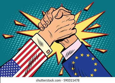 USA vs EU policy and competition, Arm wrestling fight confrontation, pop art retro vector illustration