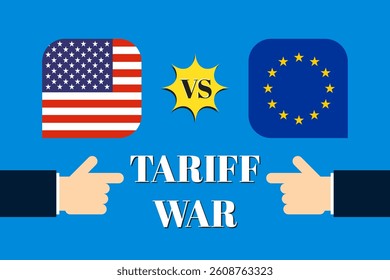 USA vs EU Tariff Trade War Concept. Pointing Finger Each Other with National Flag Illustration