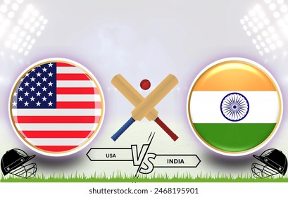 USA vs India Cricket Internacional: Diseño de insignia de bandera circular 3D - EPS Vector para Plantilla de partidos deportivos, Anuncio, publicación en redes sociales, ilustración de Diseño web