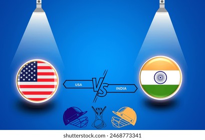 Diseño de la insignia de la bandera 3D del críquet internacional de los Estados Unidos contra la INDIA sobre fondo azul con el concepto del casco y el foco de la luz de la antorcha. VECTOR EPS para Plantilla o Anuncio de partidos deportivos. Web de diseño de publicaciones en medios sociales.