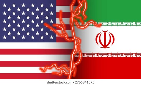 USA vs Iran Conflict Concept. American and Iranian Flags with Lightning Background. Political Conflict Illustration