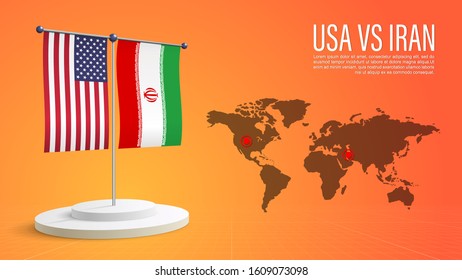 USA VS Iran. The flags of the USA and Iran are hanging on a pole. Battle of two countries concept. Vector illustration.