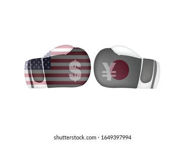 USA VS Japan Trade War, US Dollar And Japanese Yen - Jpy On Boxing Gloves With The United States Of America And Japan Flag, Boxing Battle Concept, Sign Symbol Background, Vector Illustration.