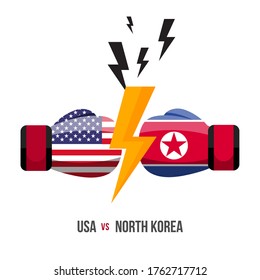 USA vs North Korea. Concept of sports match, trade war, fight or war on border between america and north korea. Vector illustration.