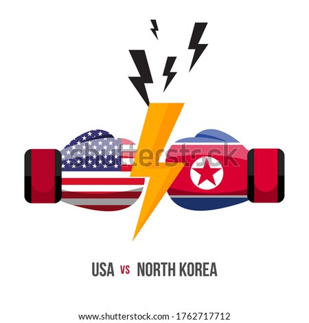USA vs North Korea. Concept of sports match, trade war, fight or war on border between america and north korea. Vector illustration.