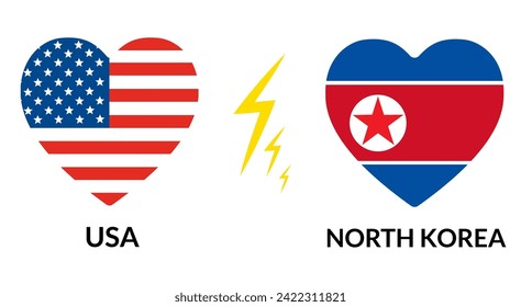 EEUU vs Corea del Norte. Bandera de los Estados Unidos de América y Corea del Norte en forma de corazón