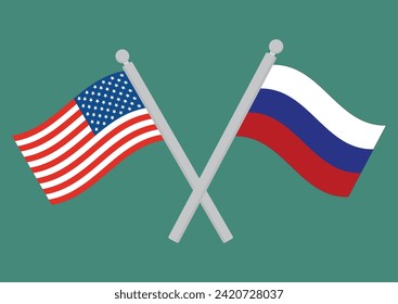 USA vs Russia. Flag of United States of America and Russia on flagpole