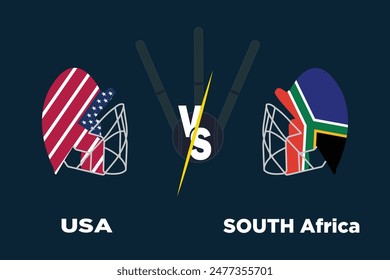 Concepto de partido de cricket USA vs Sudáfrica. Banderas rivales de ambos Equipos con casco de cricket aislado con bola, wickets y fondo oscuro. Archivo EPS editable. Concepto de partido USA vs SA.