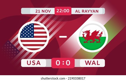 USA vs Wales Match Design Match Design Element. Football 2022. Soccer Competition. Football Championship Infographics. Poster, Announcement, Game Score. Scoreboard Template. Vector Illustration