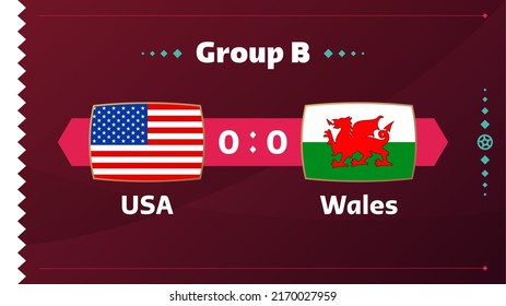 USA vs wales match. Football 2022 world championship match versus teams on soccer field. Intro sport background, championship competition final poster, flat style vector illustration