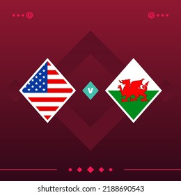 usa, wales world football 2022 match versus on red background. vector illustration.