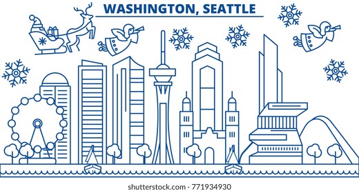 USA, Washington , Seattle winter city skyline. Merry Christmas and Happy New Year decorated banner. Winter greeting card with snow and Santa Claus. Flat, line vector. Linear christmas illustration