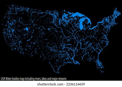 USA Water bodies map including rivers, lakes and major streams
