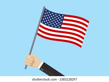 USA waving flag. Hand holding American flag. National symbol of the United States of America. Vector illustration. 