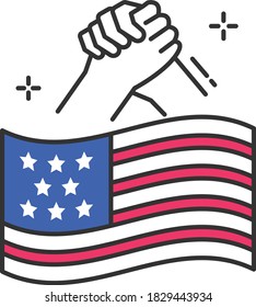 USA waving flag with hand shaking concept, Unity Sign Vector Icon Design, National symbol of the United States of America, 2020 USA presidential elections Symbol on White background