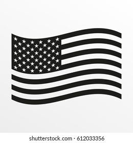 USA Waving Flag Icon. Black And White United States Of America National Symbol. Vector Illustration.