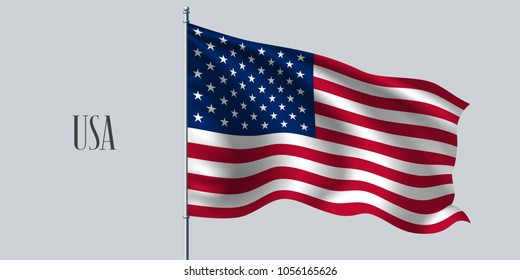 USA waving flag on flagpole vector illustration. Red blue  element of American wavy realistic flag as a symbol of country 