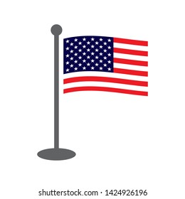 USA waving flag on grey flagpole, flat style. American Usa waving flag on grey flagpole isolated on white.