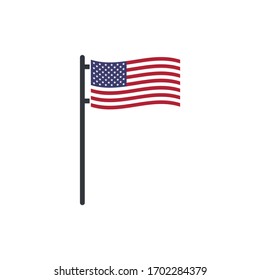 USA Waving Flag On Flag Pole. July 4 Celebration. Stock Vector Illustration Isolated On White Background.