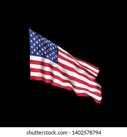 USA waving flag. Vector flag of United States of Americawith shadows and distortions isolated on black background. Patriotic background for Independence Day