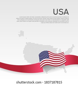 USA wavy flag and mosaic map on white background. Wavy ribbon color flag of usa. National american poster. Vector design. Business booklet. State american patriotic cover, flyer