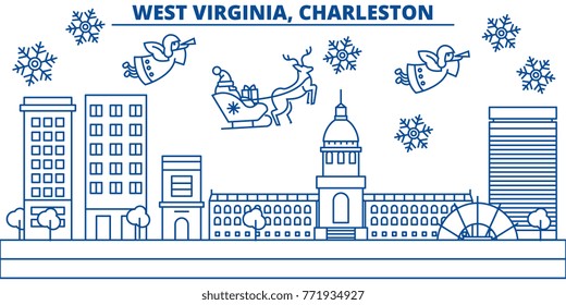 USA, West Virginia , Charleston winter city skyline. Merry Christmas and Happy New Year decorated banner.Winter greeting card with snow and Santa Claus.Flat, line vector. Linear christmas illustration