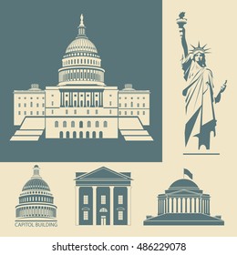 USA White House, the Capitol Building, the Statue of Liberty. Set