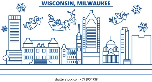 USA, Wisconsin , Milwaukee City winter city skyline. Merry Christmas and Happy New Year decorated banner.Winter greeting card with snow and Santa Claus.Flat, line vector. Linear christmas illustration