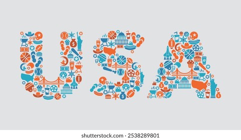 USA word icon set - orange, white and blue - vector illustration