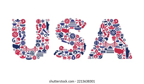 USA word icon set - red, white and blue - vector illustration