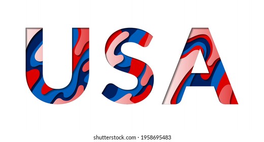 USA word made of paper cut multilayer font letters. USA concept banner vector illustration. U, S, A alphabet papercut typography letters making United States of America abbreviation word