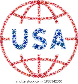 USA world collage of stars in different sizes and color tints. USA world illustration uses American official blue and red colors of Democratic and Republican political parties, and star shapes.