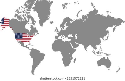 USA in World Map, World Map, Geographic Map, USA Border line, Ásia, África, Europa, América do Norte, América do Sul, Austrália Oceania