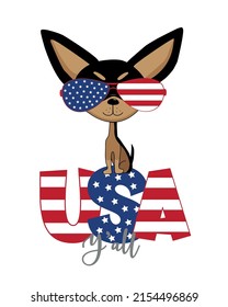 USA Y'all    Cute chihuahua dog in american flag sunglasses Hand drawn vector illustration  Good for T shirt print  poster  card  label    other gifts design 