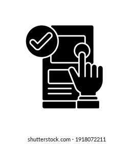 Usability black glyph icon. Online application check. UX testing. Software engineering. User experience, satisfaction examination. Silhouette symbol on white space. Vector isolated illustration