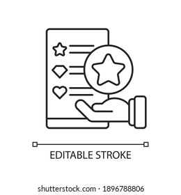 Usability evaluation linear icon. Interactive application for customer satisfaction. Thin line customizable illustration. Contour symbol. Vector isolated outline drawing. Editable stroke