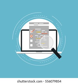Usability Evaluation And Testing Flat Vector Illustration. Website Content Research, Web Page Information Analysis, SEO Analytics Concept. Design For Web Banners And Apps