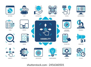 Conjunto de iconos de usabilidad. Satisfacción, Focus Group, Testing, Claridad, Diseño, Aplicación, Interacción, Software. Iconos sólidos de color de duotono