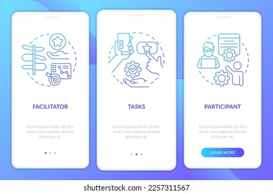 Usability test components blue gradient onboarding mobile app screen. Session walkthrough 3 steps graphic instructions with linear concepts. UI, UX, GUI template. Myriad Pro-Bold, Regular fonts used