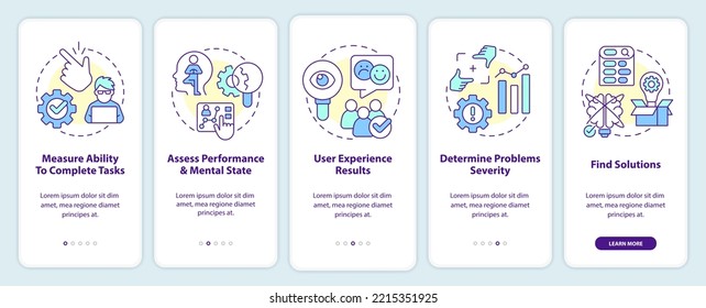 Objetivos de prueba de usabilidad a bordo de la pantalla de aplicación móvil. Mejore el tutorial del producto 5 pasos instrucciones gráficas editables con conceptos lineales. UI, UX, plantilla GUI. Multitud de tipos de letra Pro-Bold, con uso regular