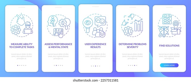 Usability test objectives blue gradient onboarding mobile app screen. Assess walkthrough 5 steps graphic instructions with linear concepts. UI, UX, GUI template. Myriad Pro-Bold, Regular fonts used