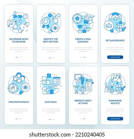 Usability test plan blue onboarding mobile app screen set. Evaluation walkthrough 4 steps editable graphic instructions with linear concepts. UI, UX, GUI template. Myriad Pro-Bold, Regular fonts used