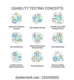 Usability testing concept icons set. Conduct product research. User experience design idea thin line color illustrations. Isolated symbols. Editable stroke. Roboto-Medium, Myriad Pro-Bold fonts used