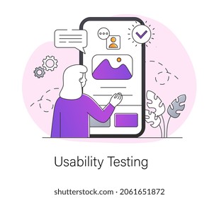 Usability testing concept. Woman stands in front of smartphone screen and checks functions of application. Comfortable use for visitors. Cartoon flat vector illustration isolated on white background