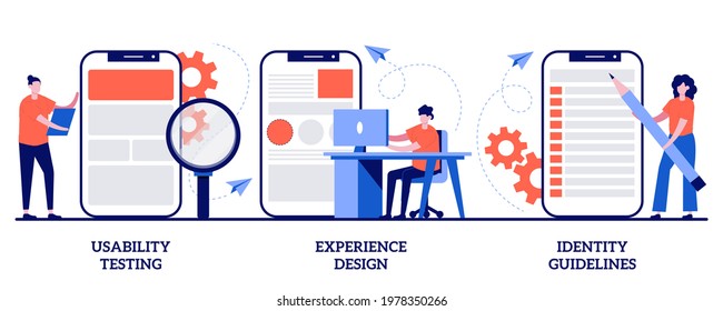 Usability testing, experience design, identity guidelines concept with tiny people. App prototyping abstract vector illustration set. User friendly interface development, branding plan metaphor.