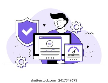 Usability testing flat illustration concept, QA engineering, developer, Tester searching bugs, Website testing, Software optimization process, Beta testing, Woman checks functions of application