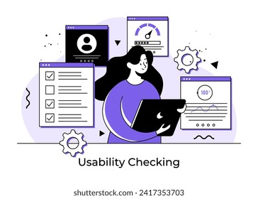 Usability testing flat illustration concept, QA engineering, developer, Tester searching bugs, Website testing, Software optimization process, Beta testing, Woman checks functions of application