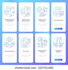 Usability testing goals blue gradient onboarding mobile app screen set. Walkthrough 4 steps graphic instructions with linear concepts. UI, UX, GUI template. Myriad Pro-Bold, Regular fonts used