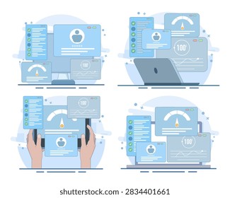 Usability testing illustration set showing checking app functions, finding software bugs, QA testing, website evaluation, developer workflow, beta testing, and optimization.