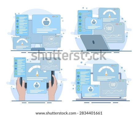 Usability testing illustration set showing checking app functions, finding software bugs, QA testing, website evaluation, developer workflow, beta testing, and optimization.